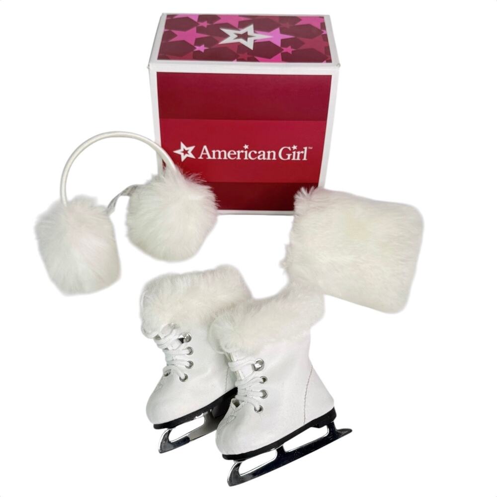 American Girl Molly Skates & Muff Earmuffs Ice Skates Faux Fur Hand Muff Box